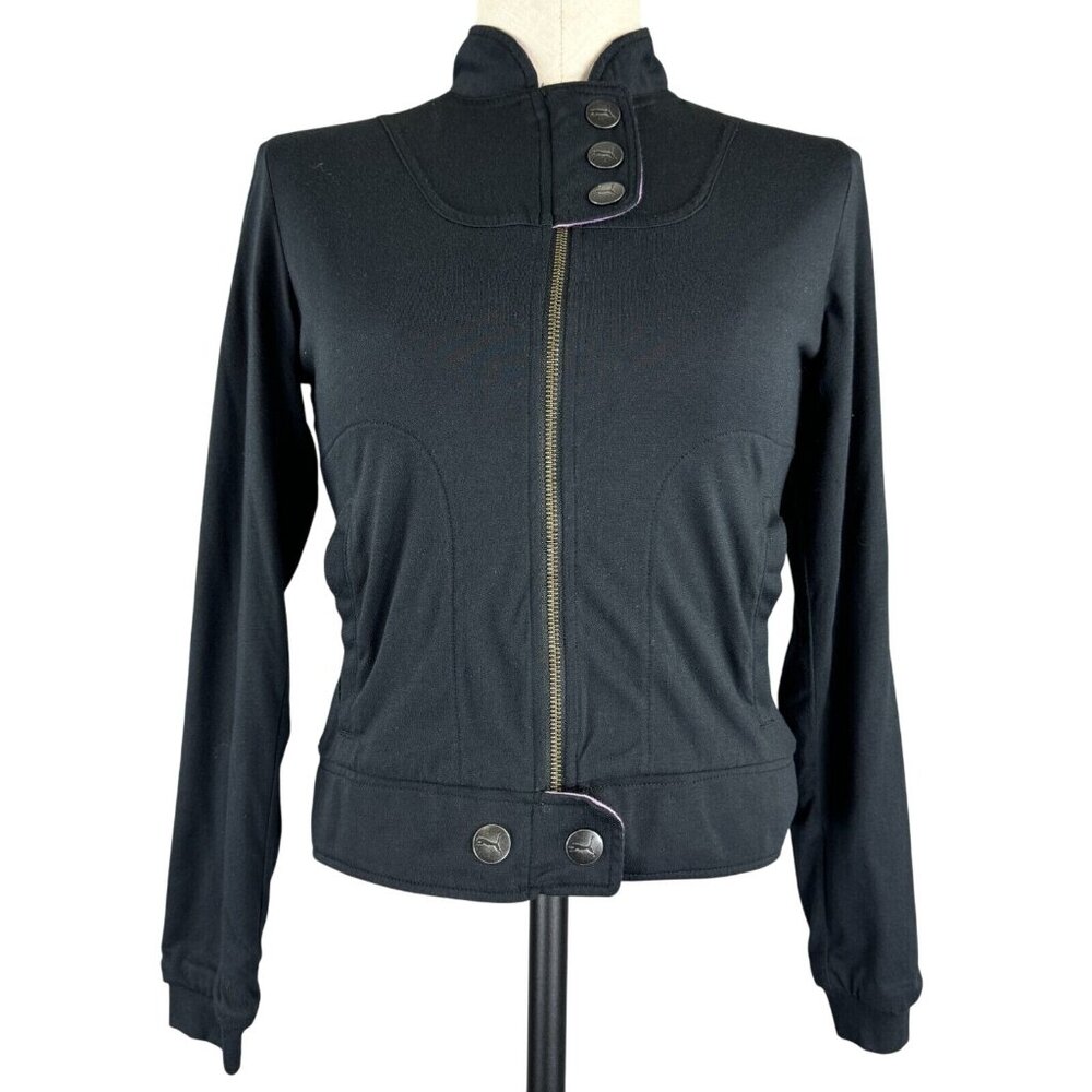 Puma Womens Black Zip-Up Jacket Purple Lining Snap Accents Activewear Pockets XS